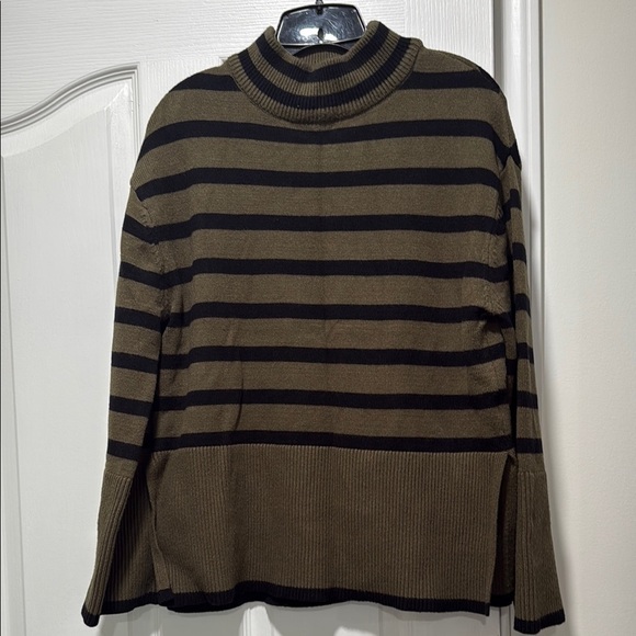 Sweaters - Striped Olive and Black Mock neck Sweater